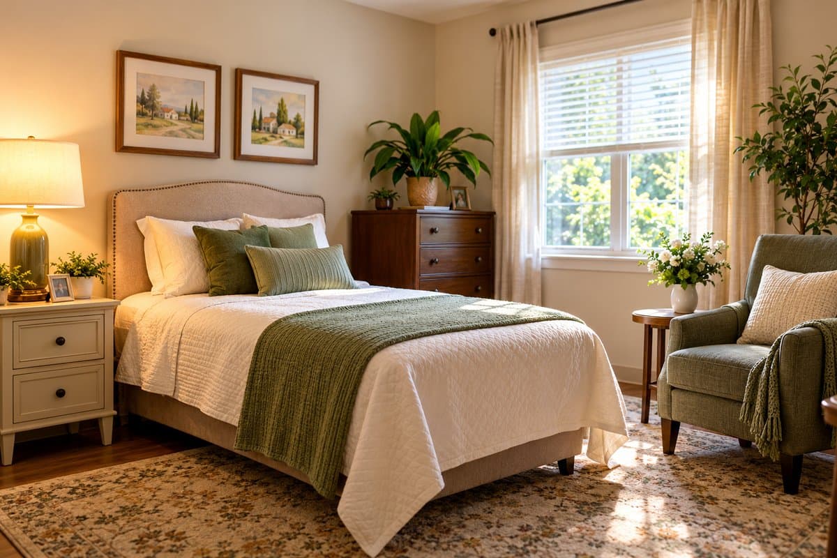 A spacious, elegantly furnished private bedroom with a cream sofa, recliner and large window.